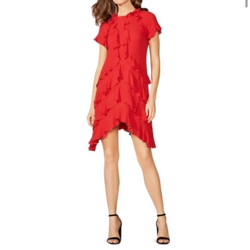 Bailey 44 Tiered Ruffled Shift Dress Red size medium short sleeve asymmetrical - Picture 9 of 9